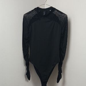 SHEIN Black Knit Top Bodysuit With Mesh Long Sleeves Blouse Size Small